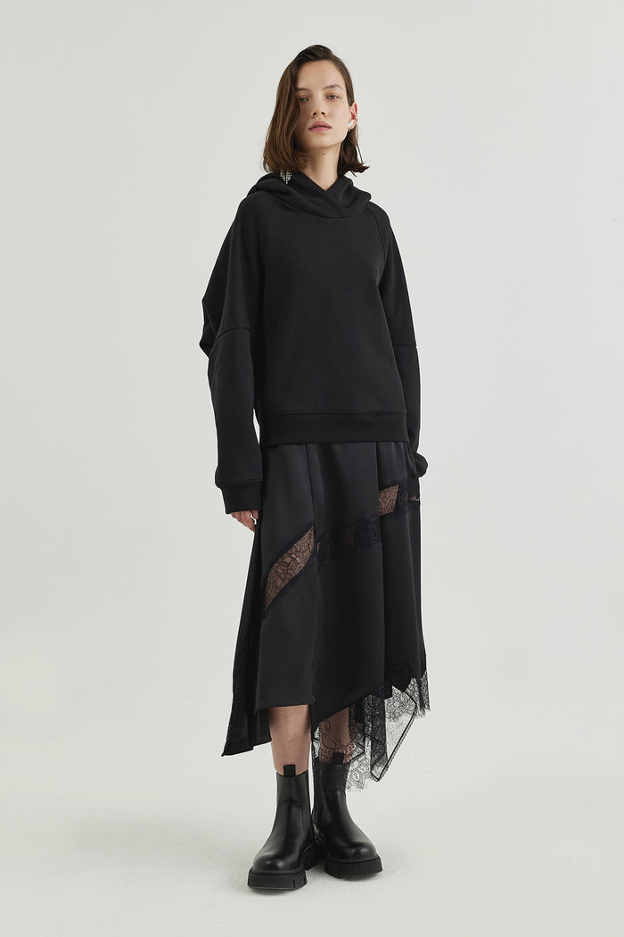 Goen.j Hooded Dress With An Overlay Of Lace-trimmed Charmeuse Skirt BLACK