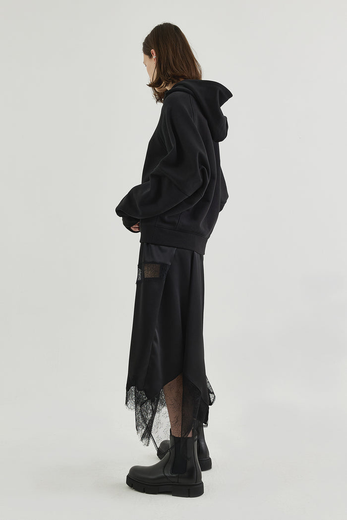 Goen.j Hooded Dress With An Overlay Of Lace-trimmed Charmeuse Skirt BLACK