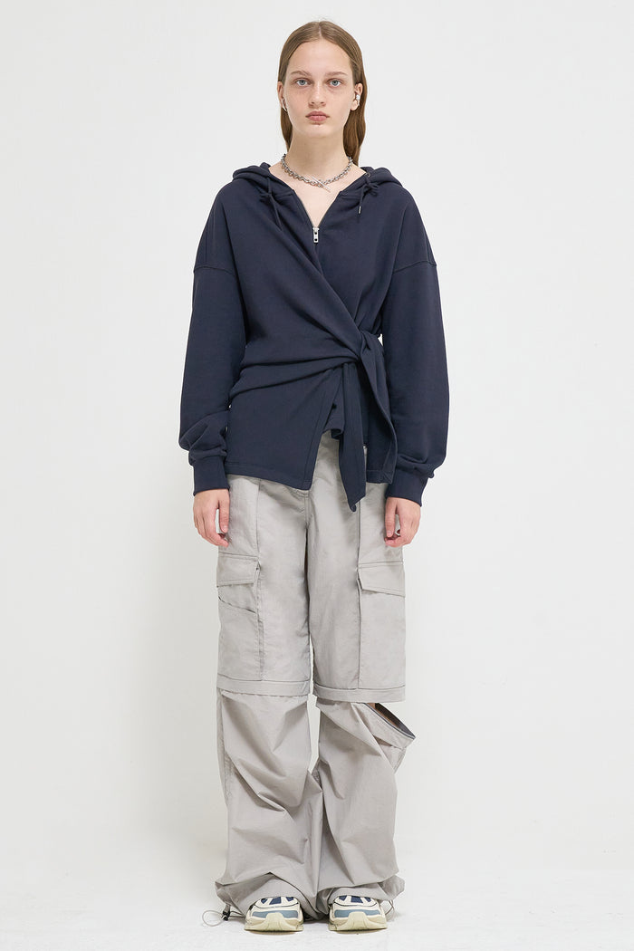 Goen.j Knotted Detail Cotton-jersey Zip-up Hoodie NAVY