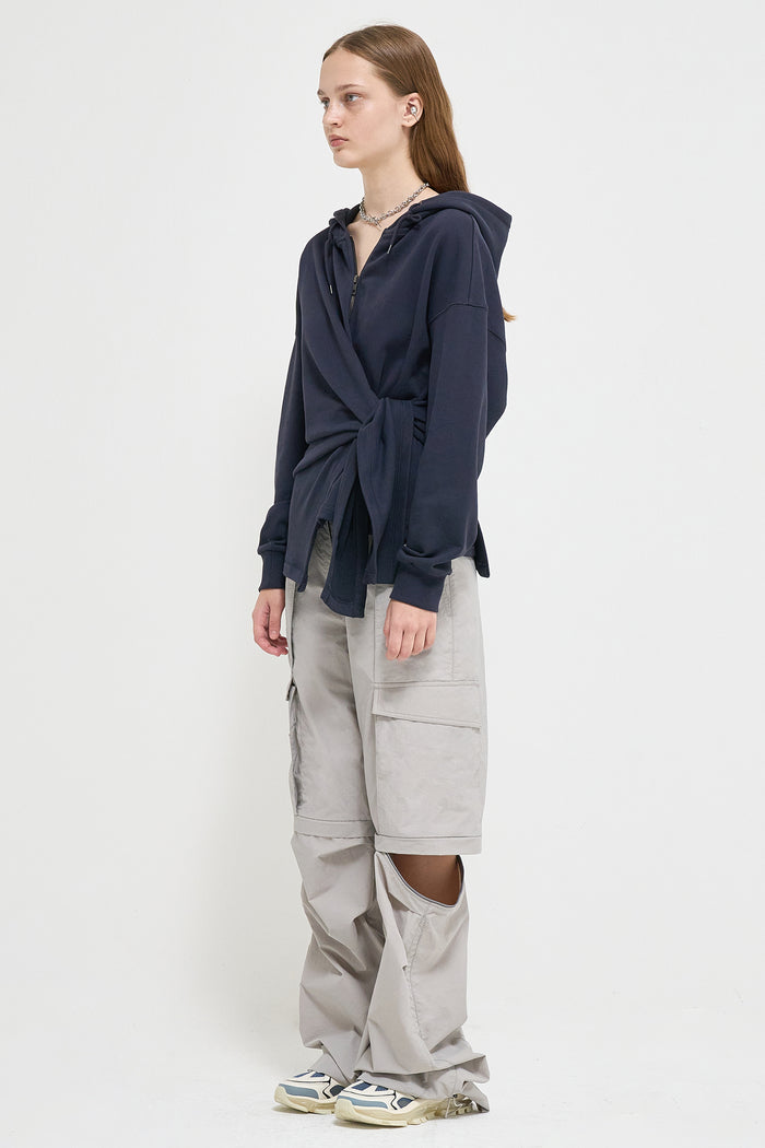 Goen.j Knotted Detail Cotton-jersey Zip-up Hoodie NAVY