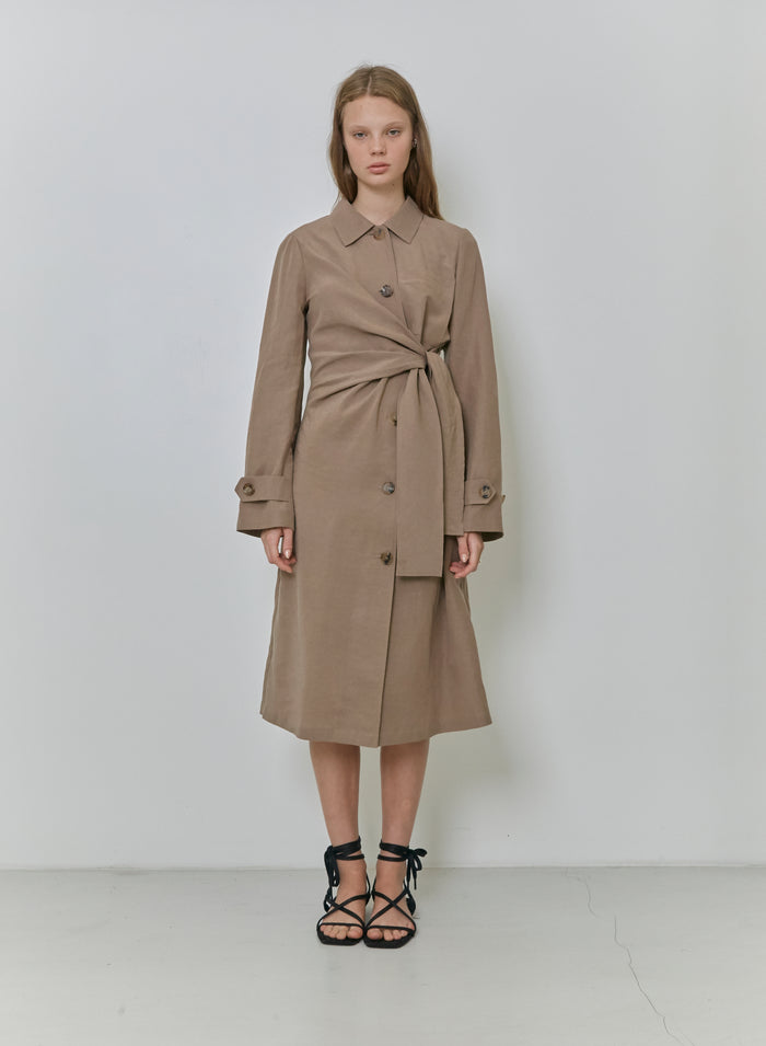 Goen.j Knotted Detail Tencel And Linen-blend Coat TAN