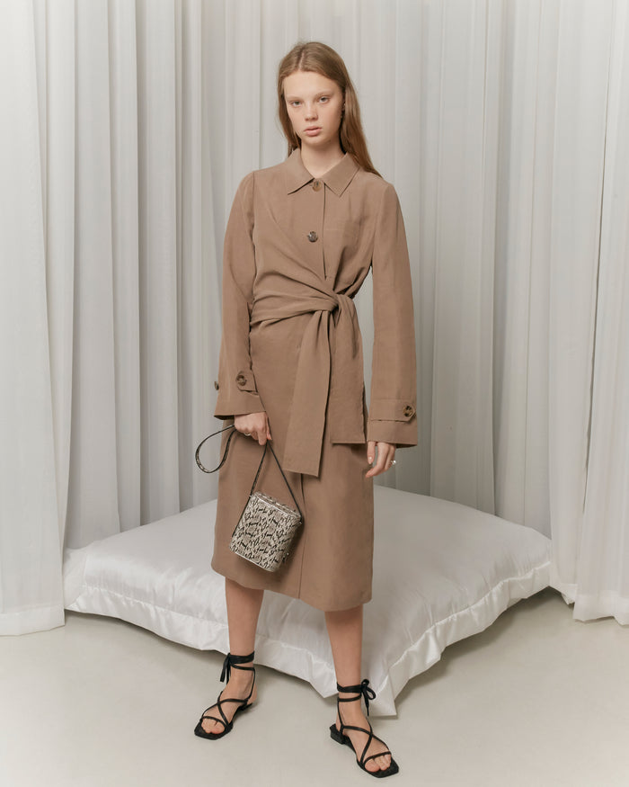 goen.j Knotted detail tencel and linen-blend coat TAN
