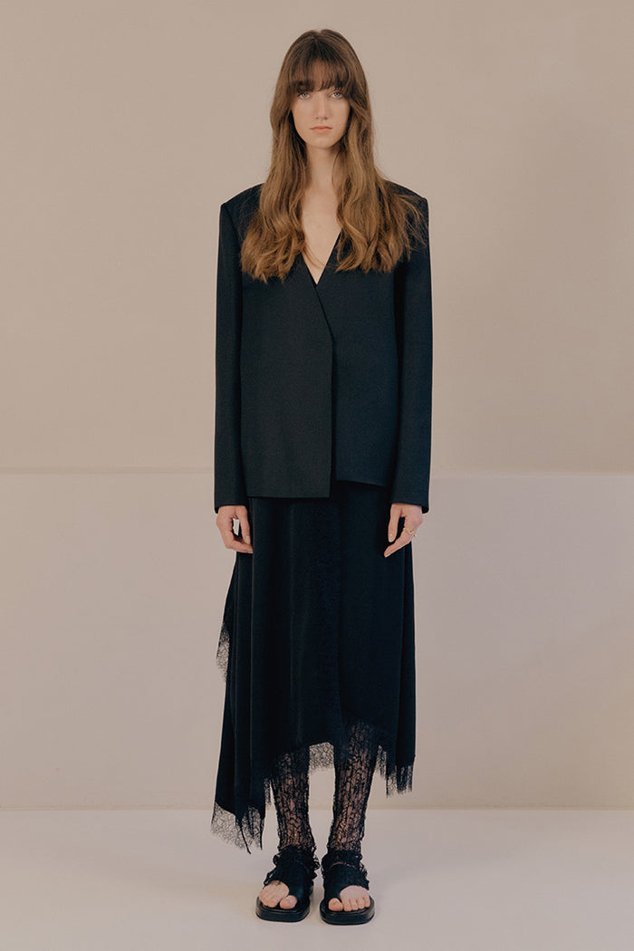 Goen.j Lace Trimmed Charmeuse Skirt With Wool And Silk Blend Blazer Set BLACK