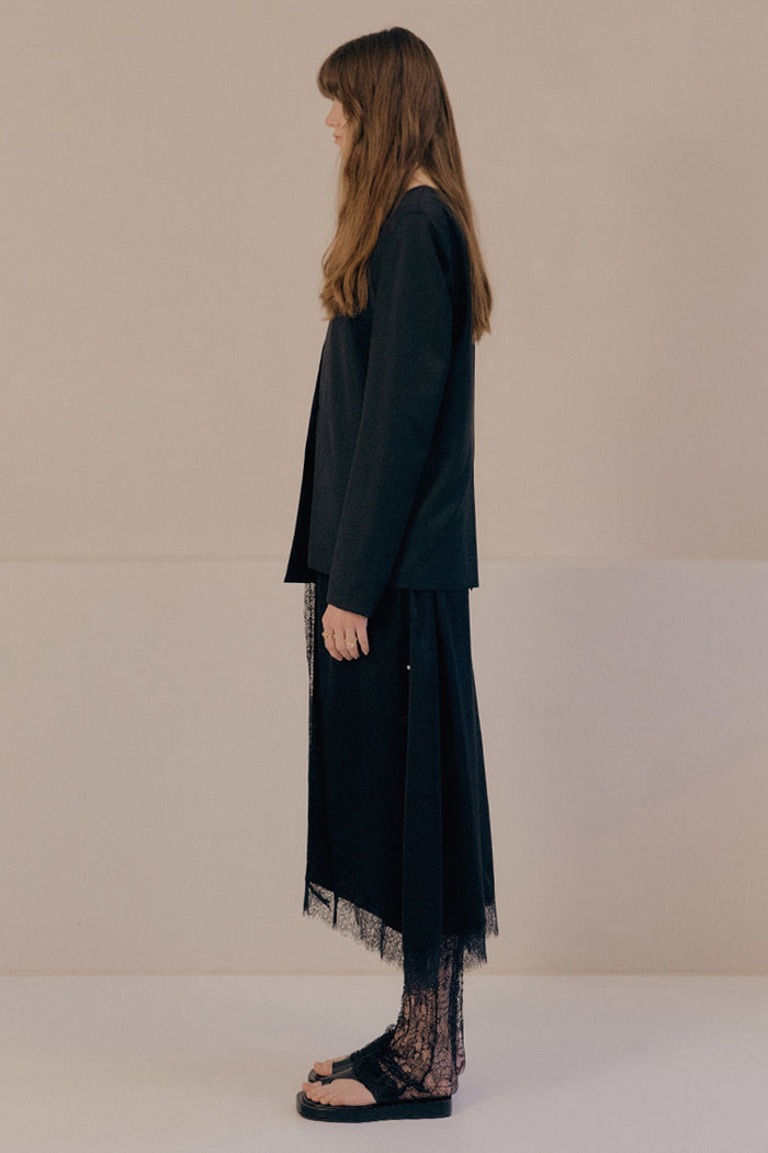 Goen.j Lace Trimmed Charmeuse Skirt With Wool And Silk Blend Blazer Set BLACK