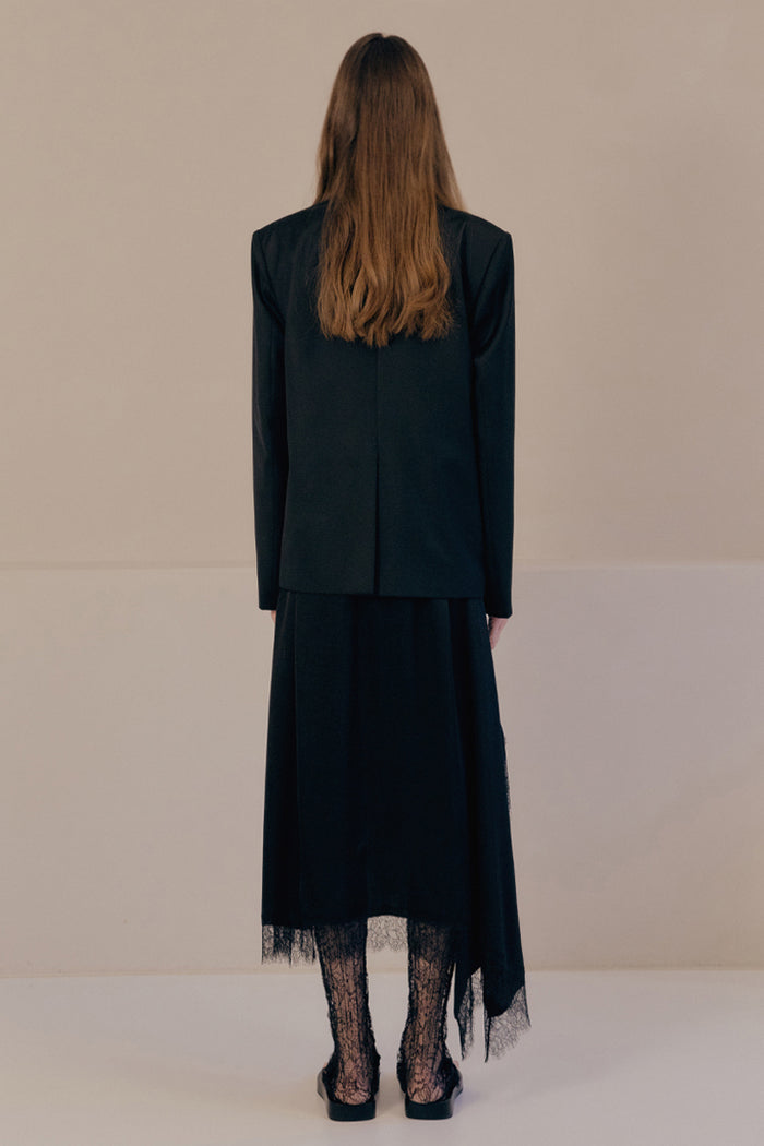 Goen.j Lace Trimmed Charmeuse Skirt With Wool And Silk Blend Blazer Set BLACK