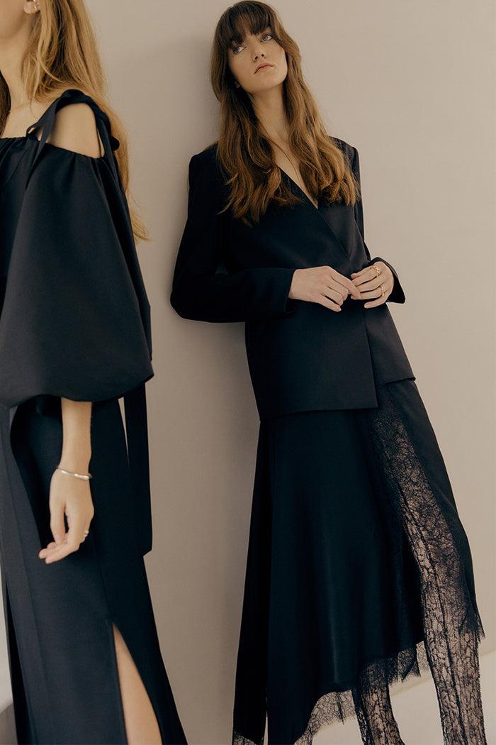 goen.j Lace trimmed charmeuse skirt with wool and silk blend blazer set BLACK