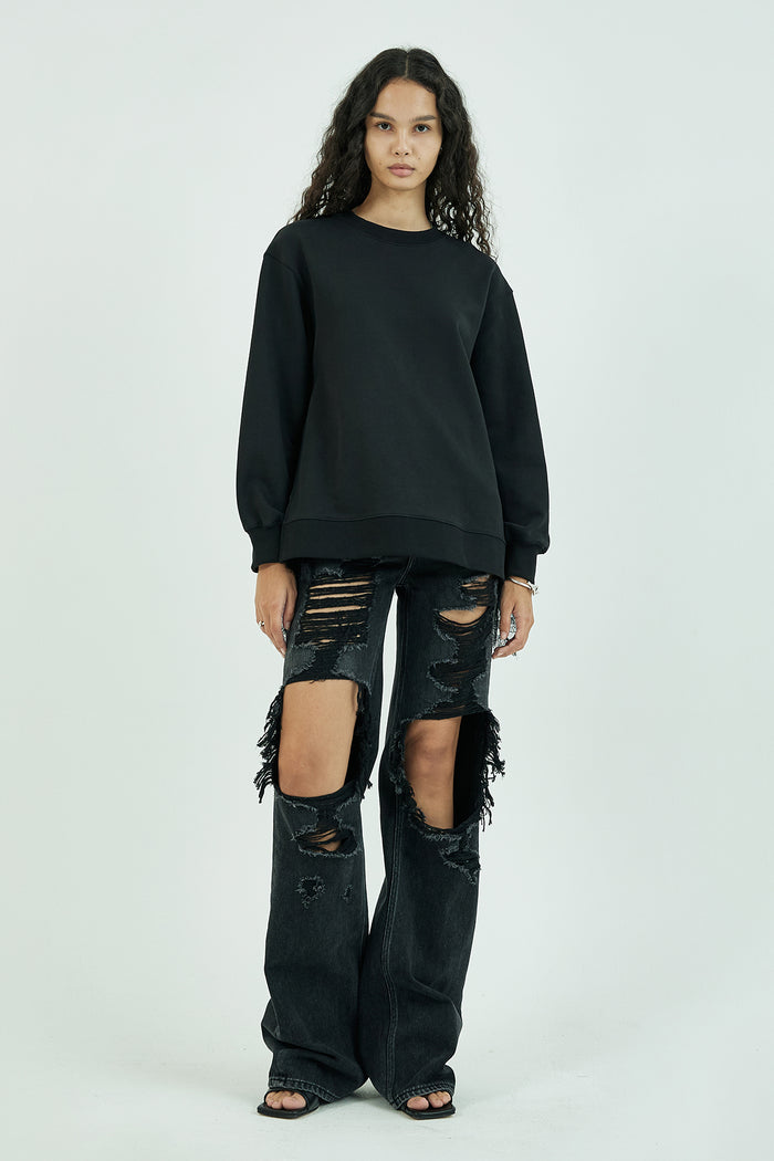 Goen.j Lace-trimmed Satin Panel Overlay Open Back Cotton-jersey Sweatshirt BLACK