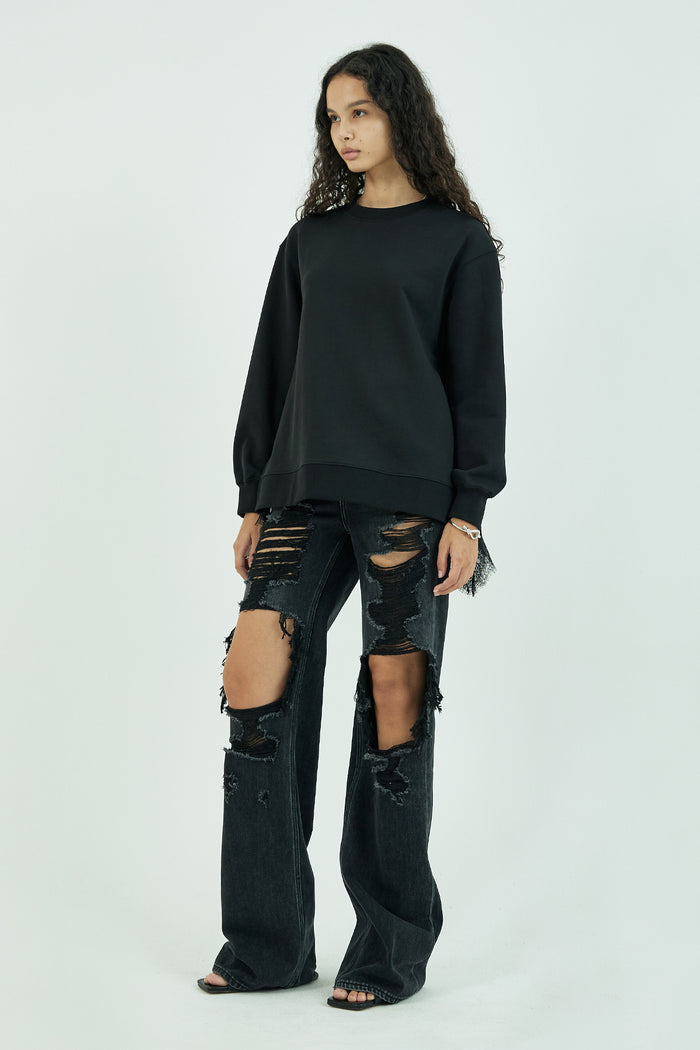 Goen.j Lace-trimmed Satin Panel Overlay Open Back Cotton-jersey Sweatshirt BLACK