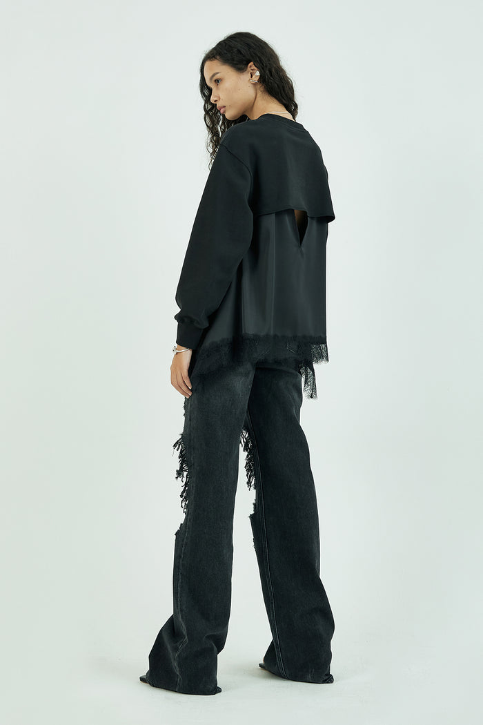 Goen.j Lace-trimmed Satin Panel Overlay Open Back Cotton-jersey Sweatshirt BLACK
