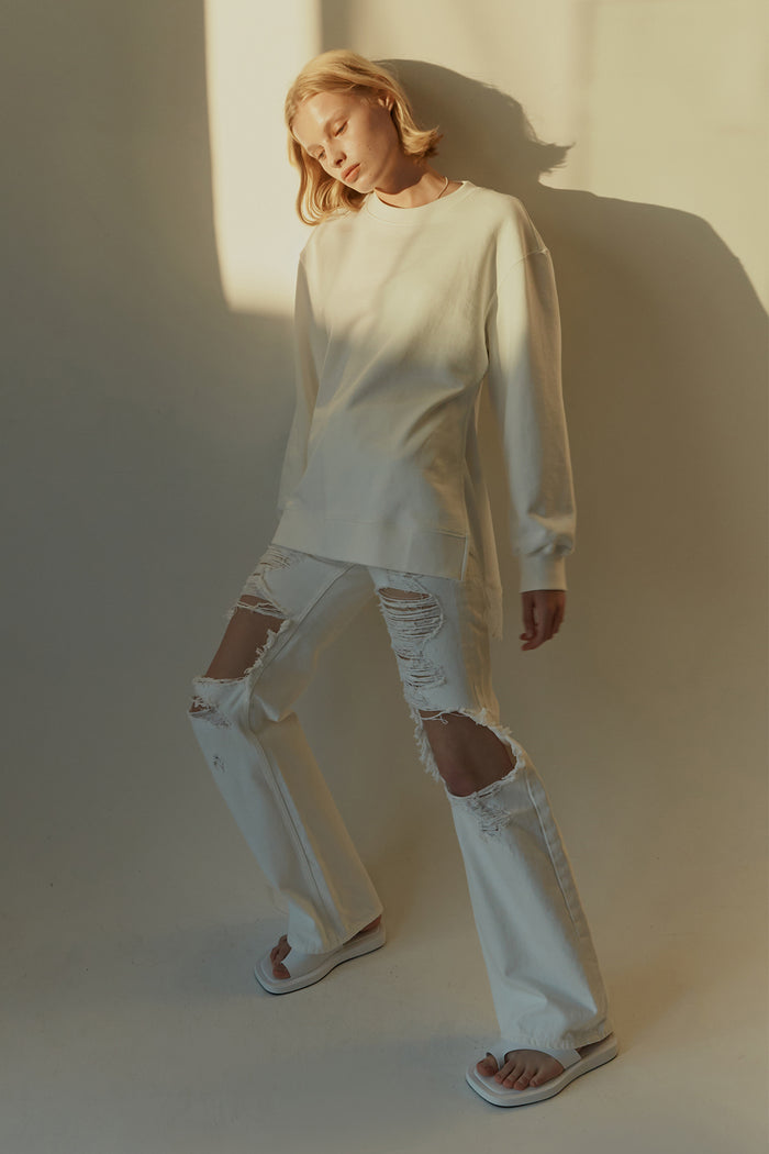 Goen.j Lace-trimmed Satin Panel Overlay Open Back Cotton-jersey Sweatshirt IVORY