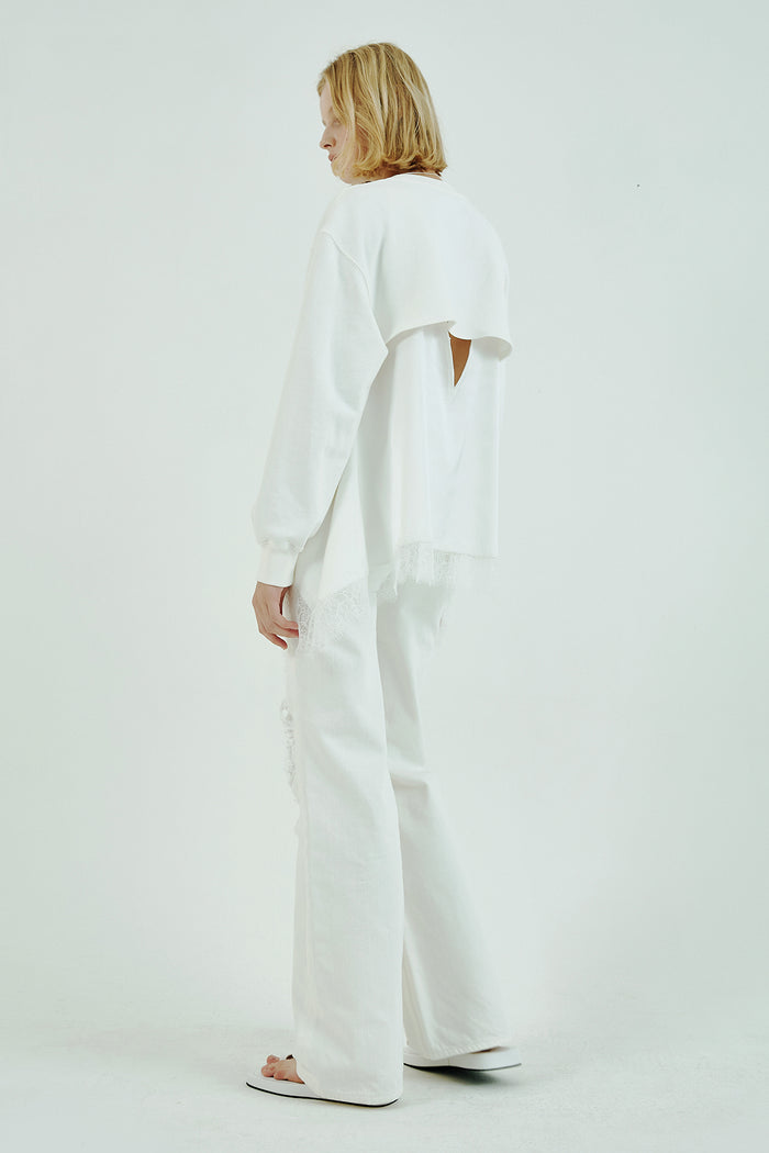 Goen.j Lace-trimmed Satin Panel Overlay Open Back Cotton-jersey Sweatshirt IVORY