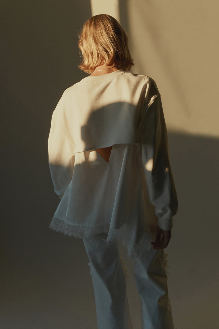 goen.j Lace-trimmed satin panel overlay open back cotton-jersey sweatshirt IVORY