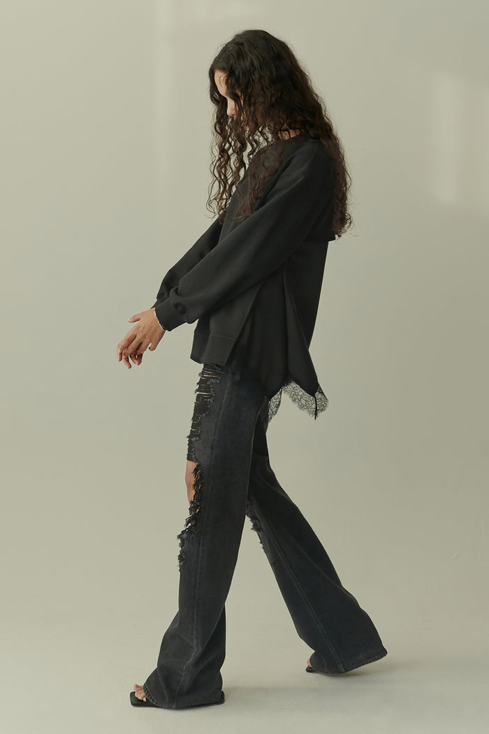 goen.j Lace-trimmed satin panel overlay open back cotton-jersey sweatshirt BLACK