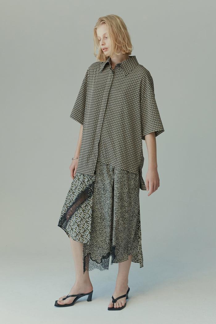 Goen.j Lace Trimmed Skirt Overlay Oversized Printed Shortsleeve Shirts MULTICOLOR