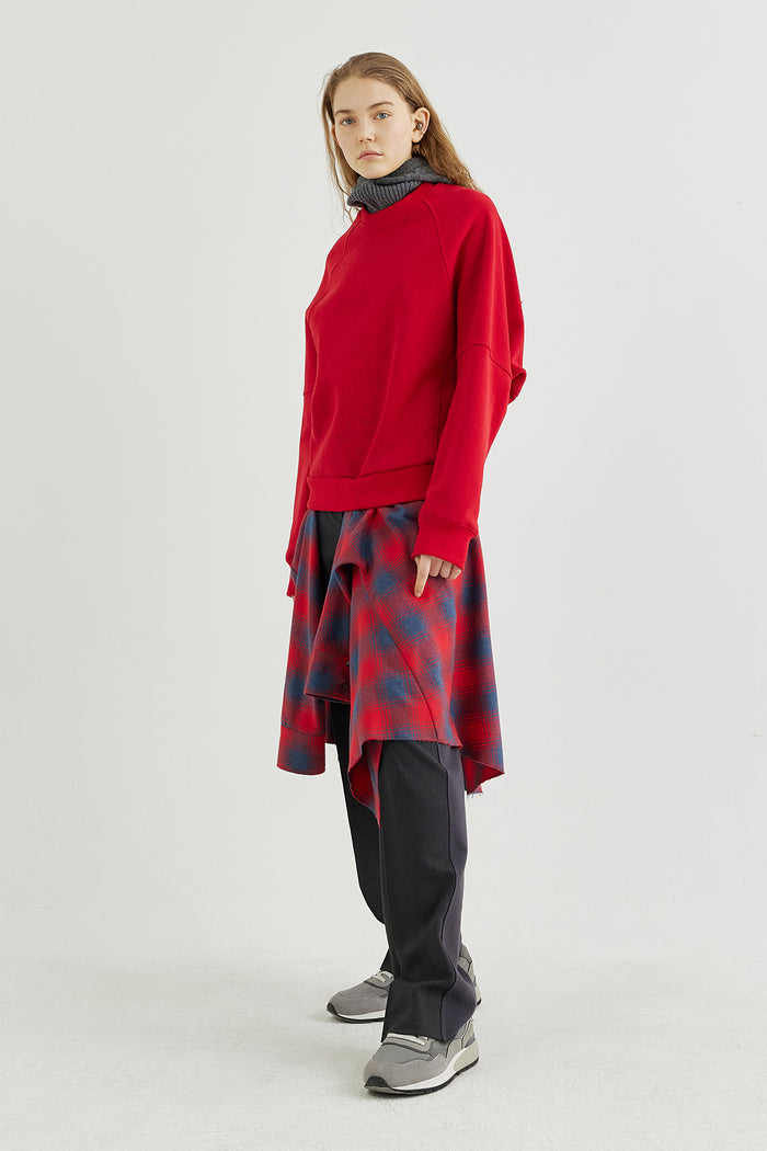 Goen.j Layered Checked-shirt Cotton-jersey Sweatshirt Top RED