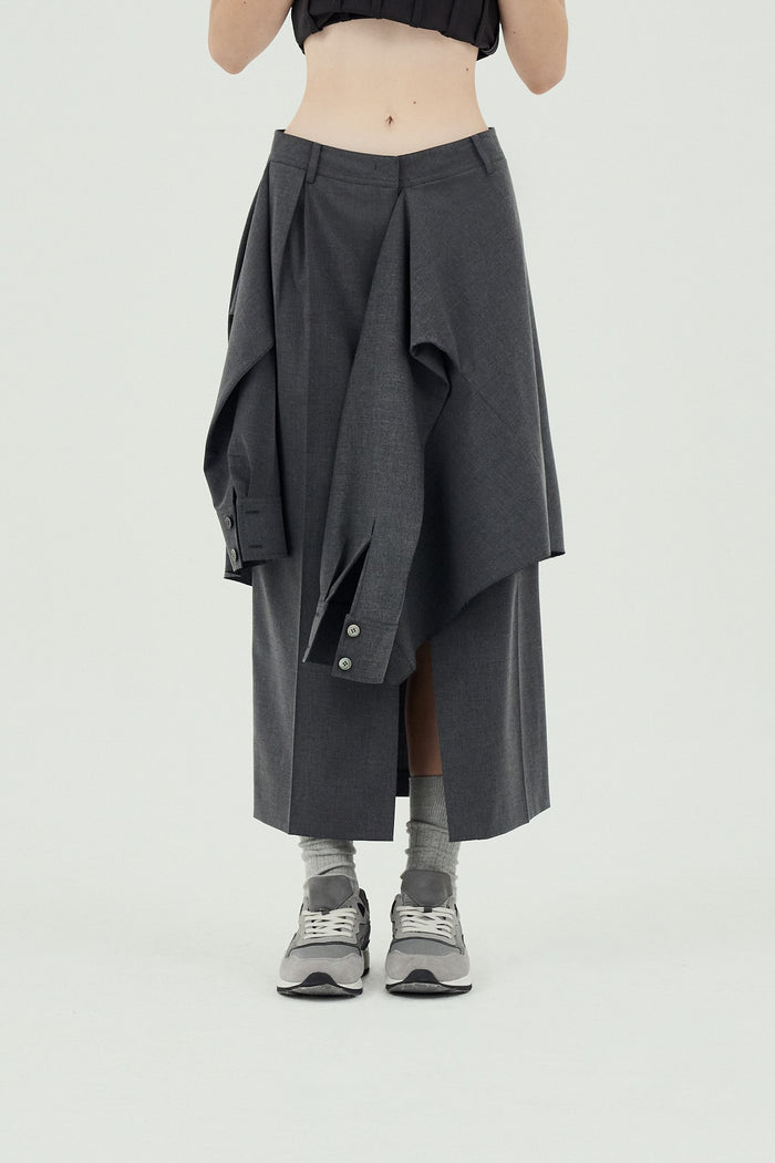 Goen.j Layered Shirt Raw-edge Cut Midi Skirt CHARCOAL