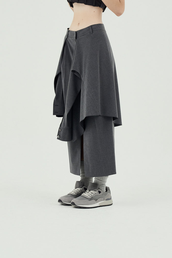 Goen.j Layered Shirt Raw-edge Cut Midi Skirt CHARCOAL