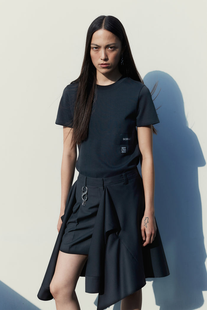 goen.j Layered shirt raw-edge cut pleated mini skirt BLACK