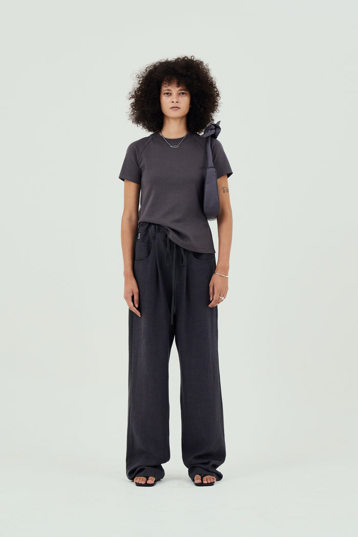 Goen.j Linen And Cotton-jersey Double Garment Effect Wide-leg Pants CHARCOAL
