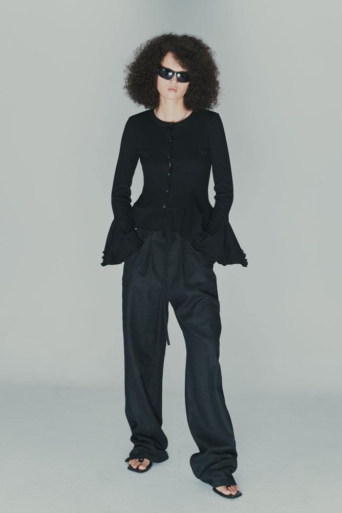 goen.j Linen and cotton-jersey double garment effect wide-leg pants BLACK