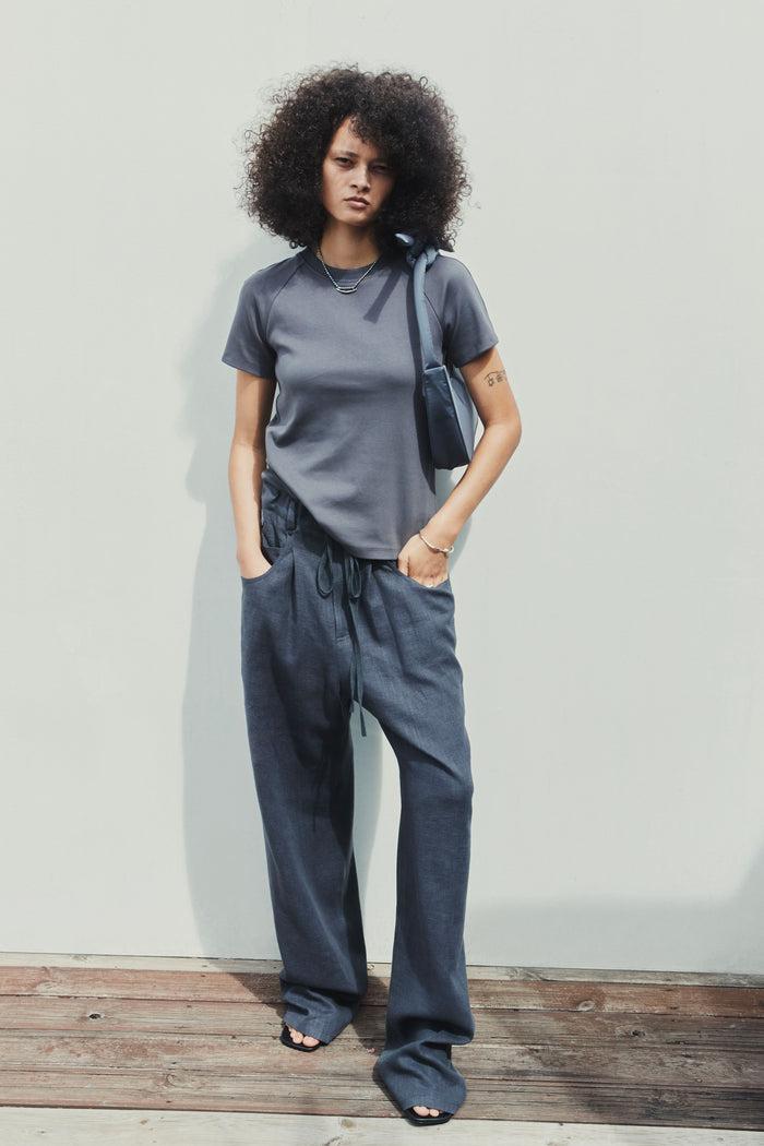 goen.j Linen and cotton-jersey double garment effect wide-leg pants CHARCOAL