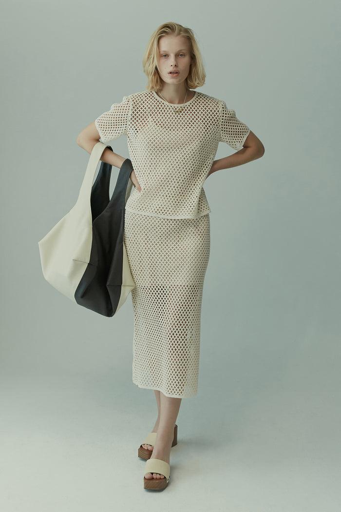 goen.j Macramé cotton lace A-line midi skirt NATURAL BEIGE