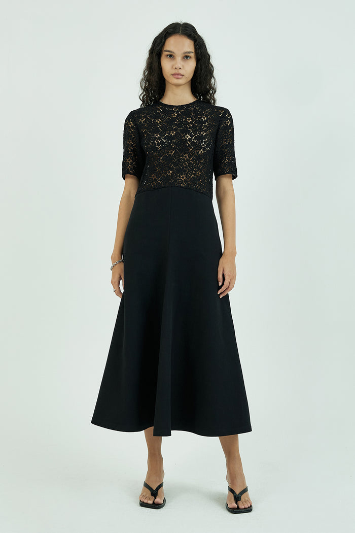 Goen.j Macramé-panel Lace Cotton Flare Midi Dress BLACK