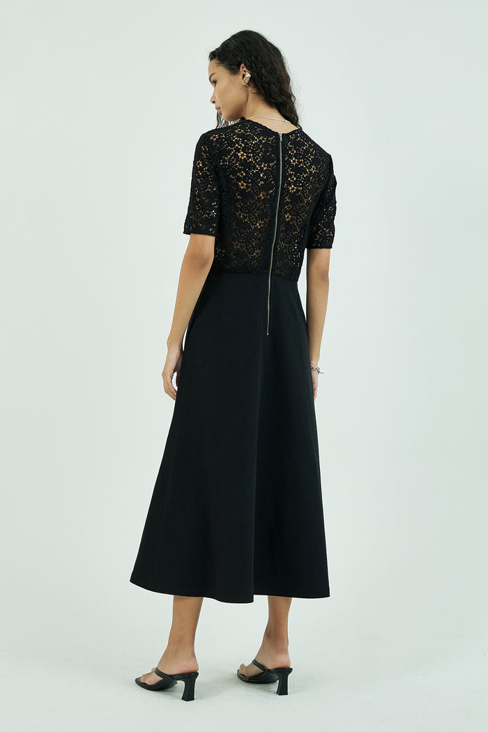 Goen.j Macramé-panel Lace Cotton Flare Midi Dress BLACK