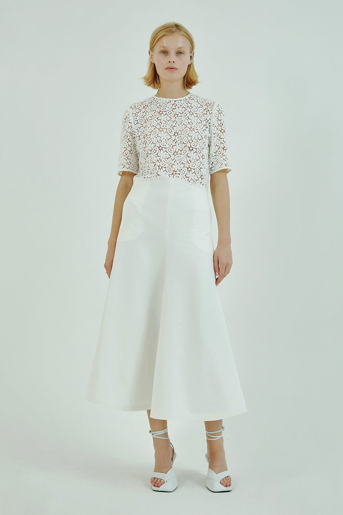 Goen.j Macramé-panel Lace Cotton Flare Midi Dress IVORY