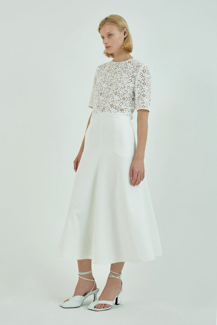 Goen.j Macramé-panel Lace Cotton Flare Midi Dress IVORY