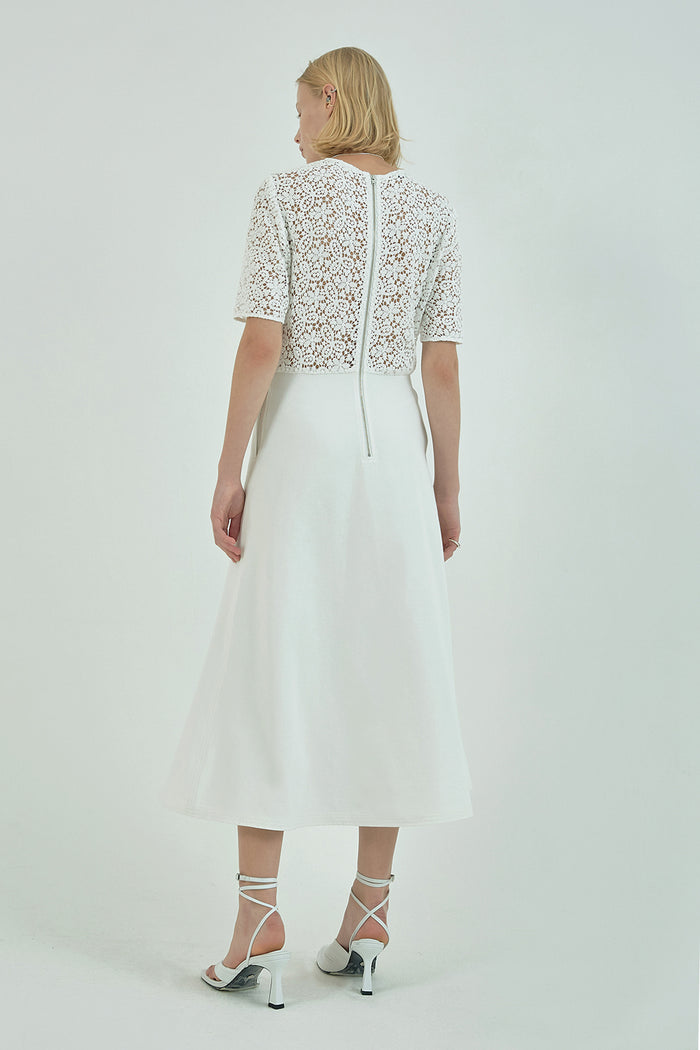 Goen.j Macramé-panel Lace Cotton Flare Midi Dress IVORY