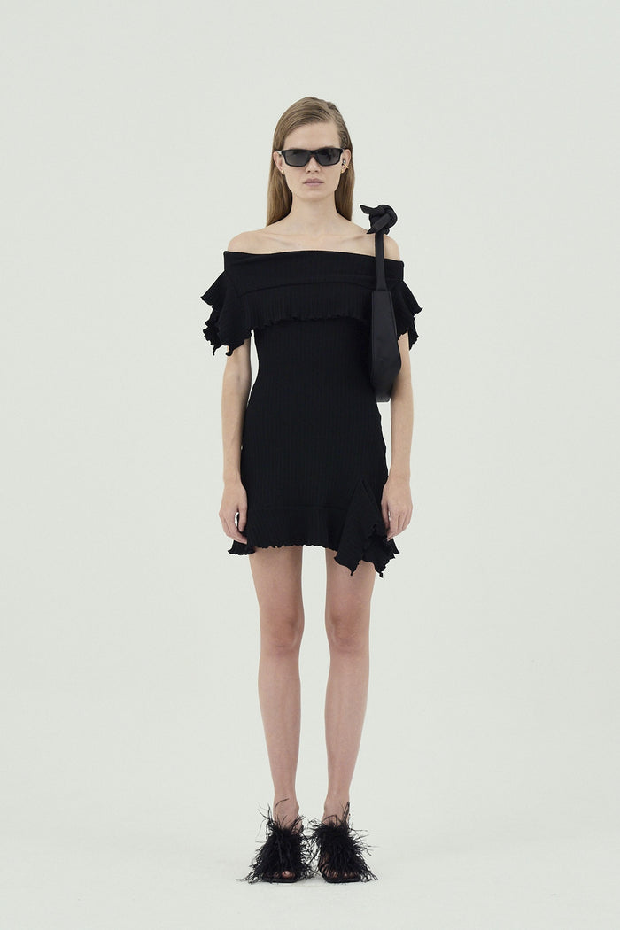 Goen.j Off-the-shoulder Ruffle-trim Ribbed Cotton Mini Dress BLACK