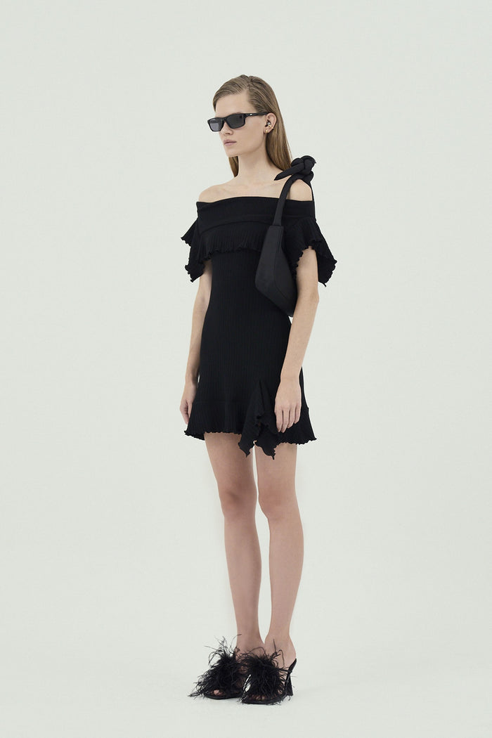 Goen.j Off-the-shoulder Ruffle-trim Ribbed Cotton Mini Dress BLACK