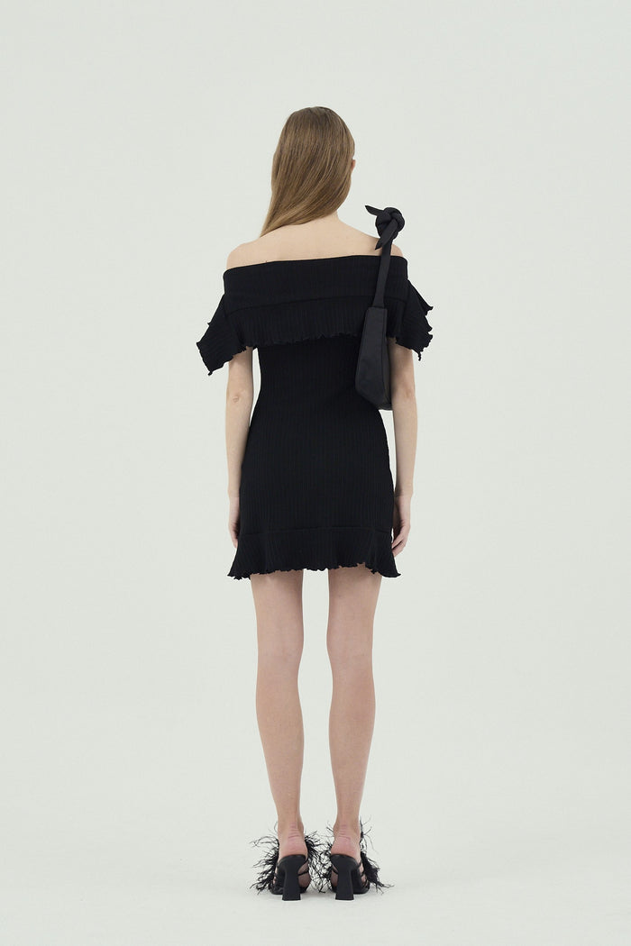 Goen.j Off-the-shoulder Ruffle-trim Ribbed Cotton Mini Dress BLACK