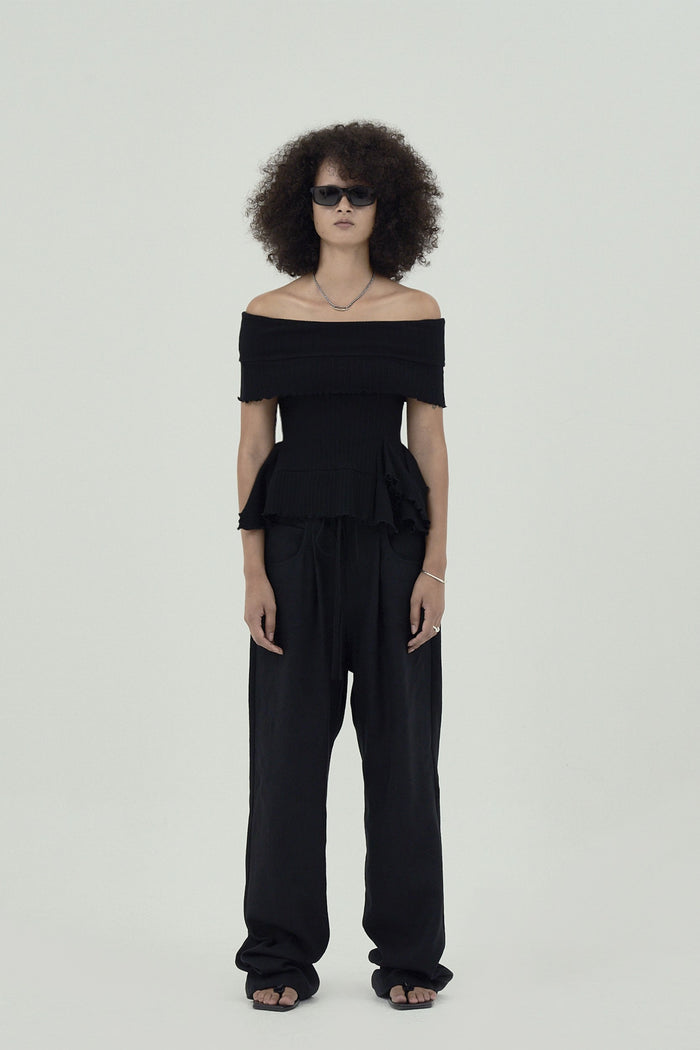 Goen.j Off-the-shoulder Ruffle-trim Ribbed Cotton Top BLACK