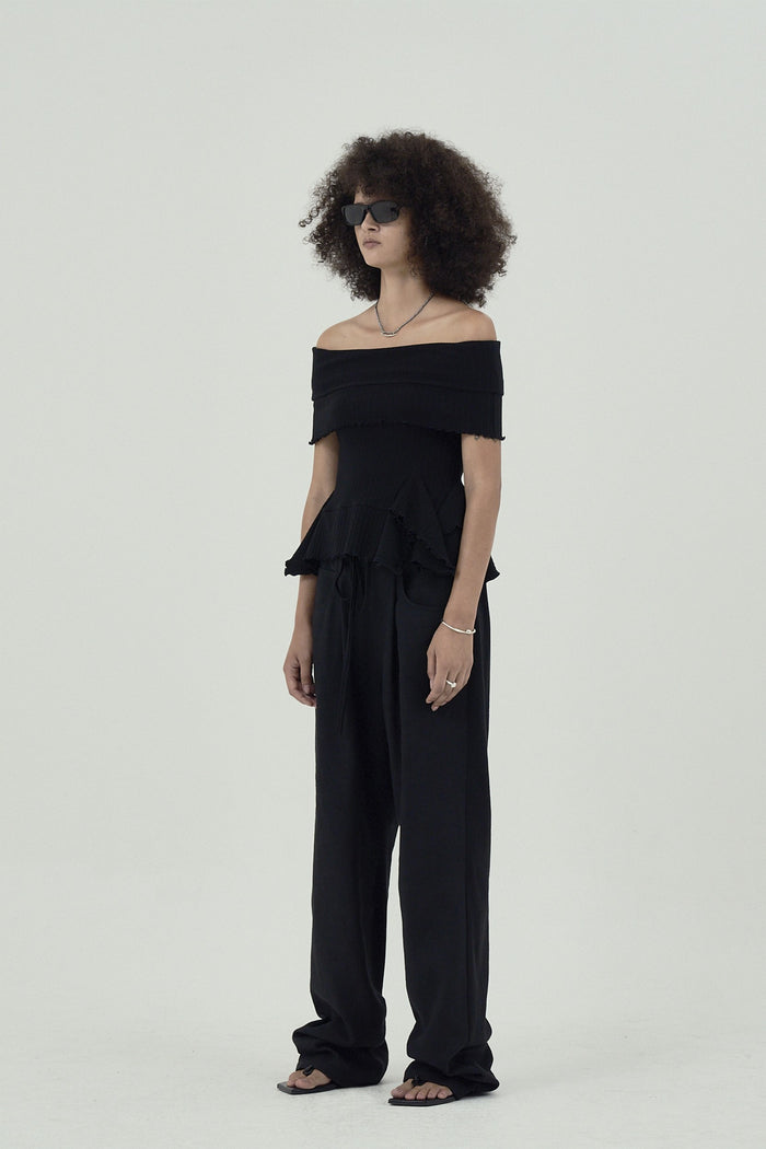 Goen.j Off-the-shoulder Ruffle-trim Ribbed Cotton Top BLACK