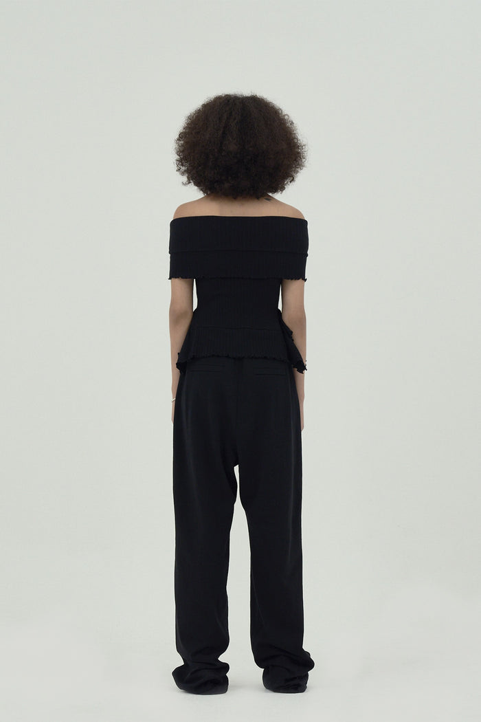 Goen.j Off-the-shoulder Ruffle-trim Ribbed Cotton Top BLACK