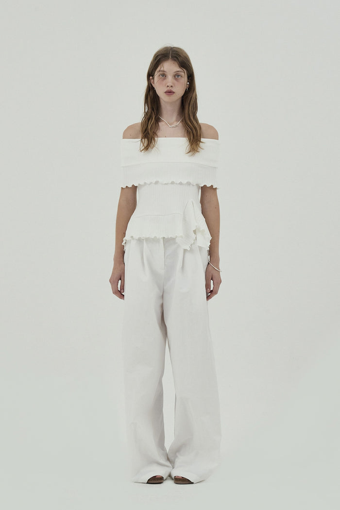 Goen.j Off-the-shoulder Ruffle-trim Ribbed Cotton Top WHITE