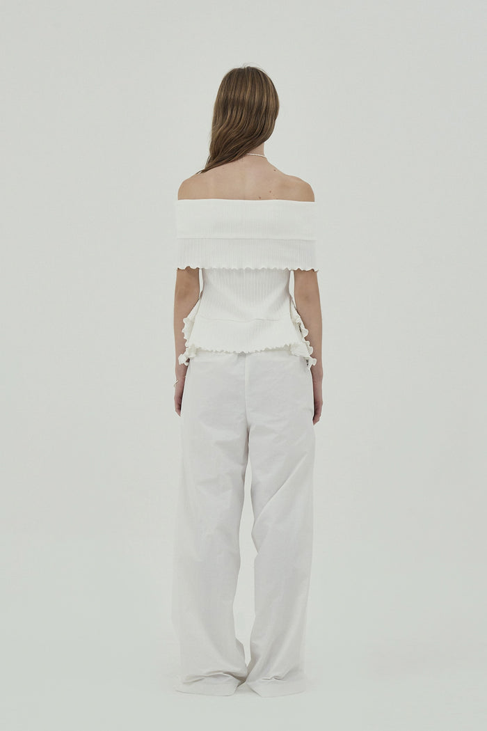 Goen.j Off-the-shoulder Ruffle-trim Ribbed Cotton Top WHITE