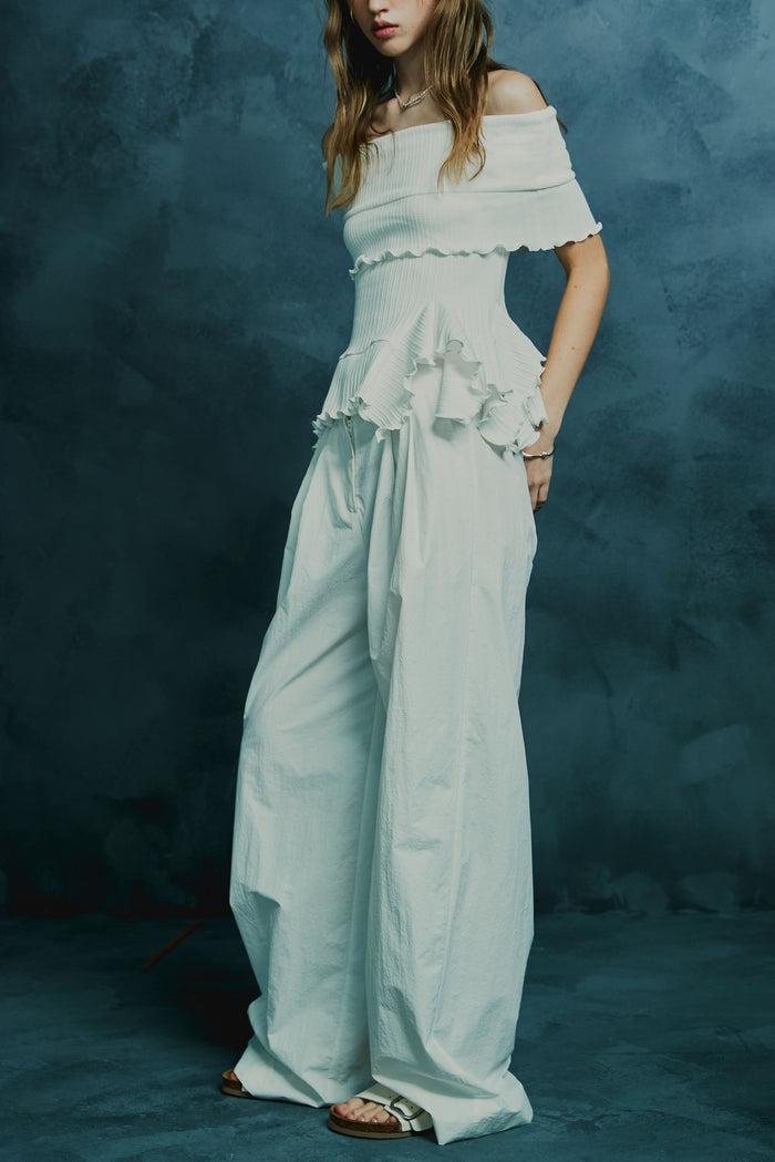 goen.j Off-the-shoulder ruffle-trim ribbed cotton top WHITE