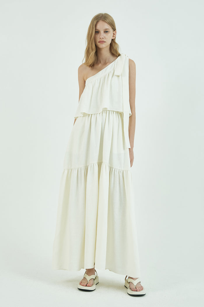 Goen.j One Shoulder Gathered Linen And Cotton-blend Maxi Dress IVORY