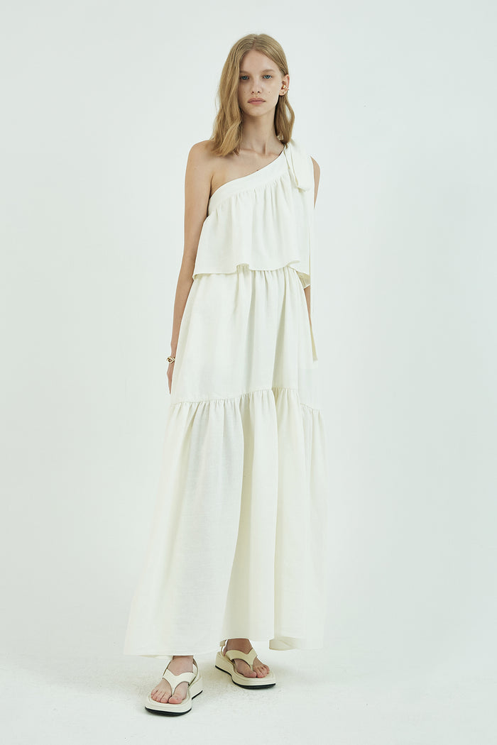 Goen.j One Shoulder Gathered Linen And Cotton-blend Maxi Dress IVORY