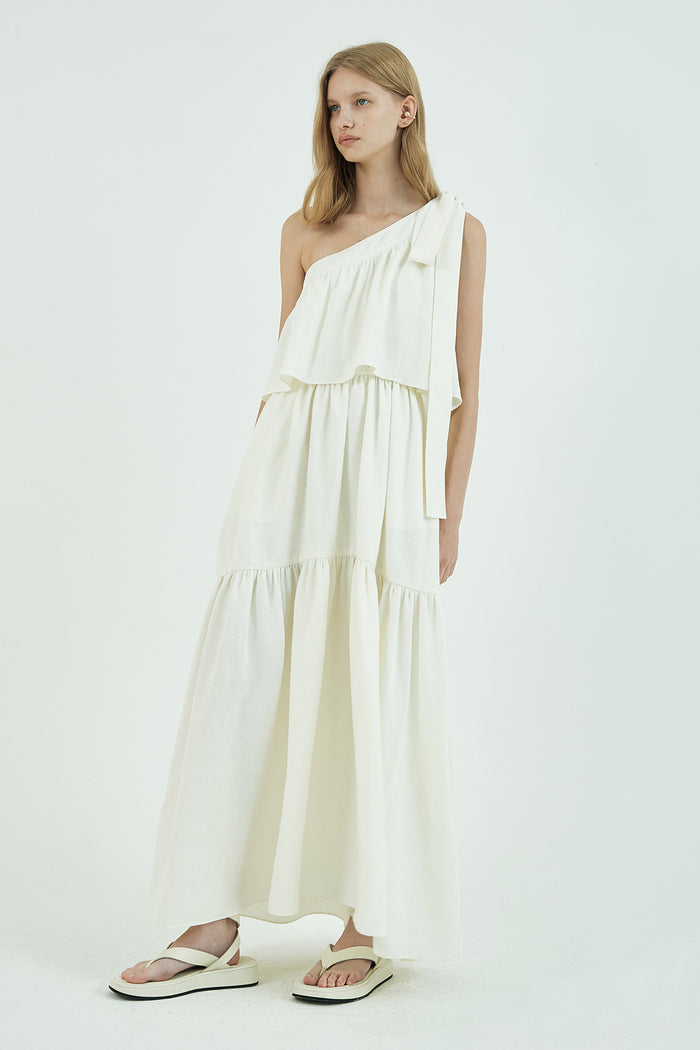 Goen.j One Shoulder Gathered Linen And Cotton-blend Maxi Dress IVORY