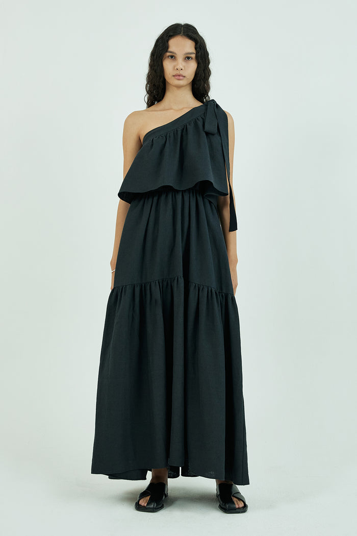 Goen.j One Shoulder Gathered Linen And Cotton-blend Maxi Dress BLACK