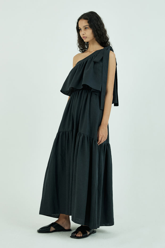 Goen.j One Shoulder Gathered Linen And Cotton-blend Maxi Dress BLACK