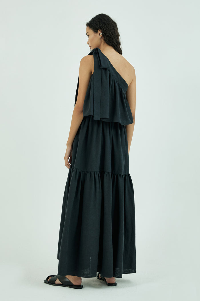 Goen.j One Shoulder Gathered Linen And Cotton-blend Maxi Dress BLACK