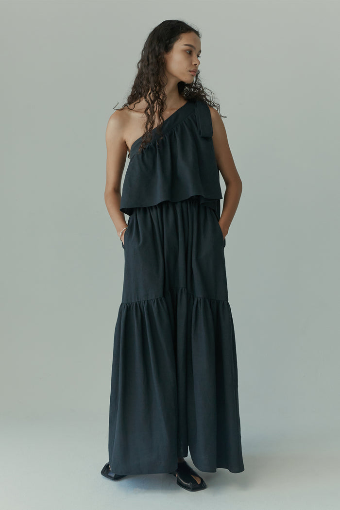 goen.j One shoulder gathered linen and cotton-blend maxi dress BLACK