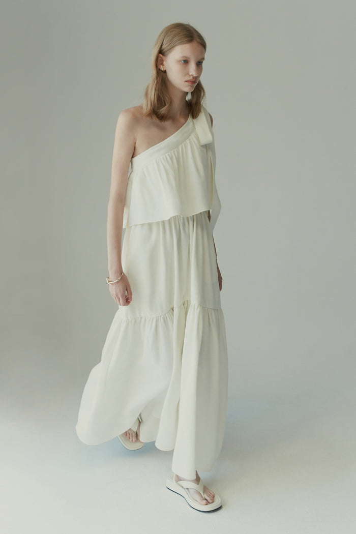 goen.j One shoulder gathered linen and cotton-blend maxi dress IVORY