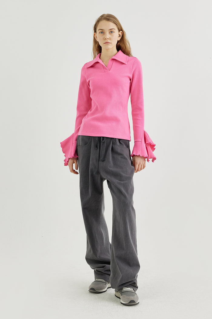 Goen.j Open-collar Ribbed Ruffle-trim Polo Top PINK