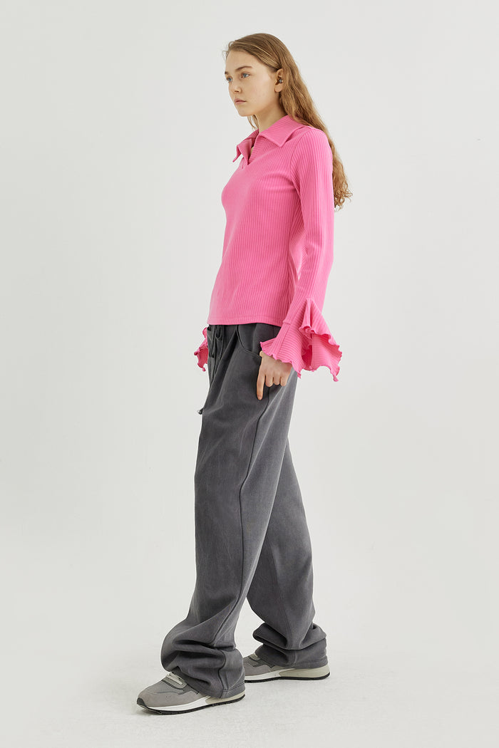 Goen.j Open-collar Ribbed Ruffle-trim Polo Top PINK